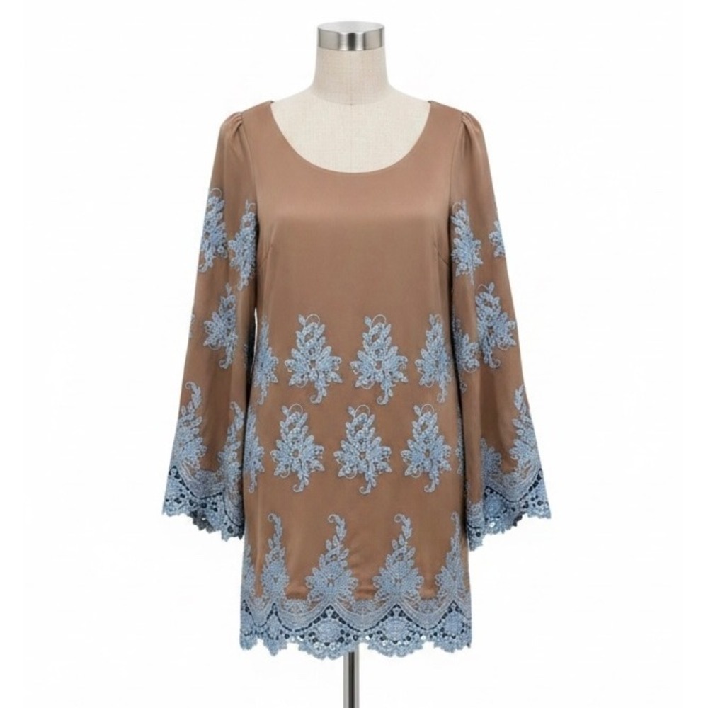 Free The Roses Floral Embroidered Chiffon Bell Sleeve Mini Dress Nude S